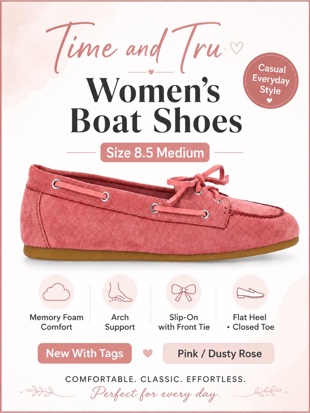 Time and Tru Women's Pink Boat Shoes Memory Foam Slip On Deck Loafers 8.5 Medium - Picture 13 of 14